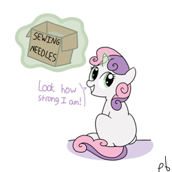 Size: 1000x1000 | Tagged: safe, artist:pbhorse, sweetie belle, magic, needle, sitting, sweetie belle's magic brings a great big smile, this will end in pain, this will end in tears and/or death, this will end in tears and/or death and/or covered in tree sap, too dumb to live