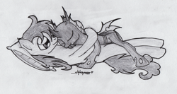 Size: 1000x533 | Tagged: safe, artist:shikogo, oc, oc only, changeling, changeling x pony, cuddling, cute, hug, monochrome, oc x oc, shipping, snuggling