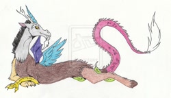 Size: 1024x584 | Tagged: safe, artist:radioactivedeadend, discord, colored, sketch, traditional art, watermark