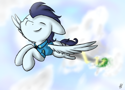 Size: 1000x720 | Tagged: safe, artist:sketchypencil326, soarin', :), clothes, eyes closed, flying, happy, shirt, solo, wonderbolts dress uniform