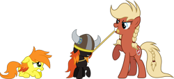 Size: 4092x1866 | Tagged: safe, artist:zekrom-9, oc, oc only, oc:aura danishheart, oc:valkyria, earth pony, pony, cowering, female, filly, helmet, lasso, mare, scared, simple background, transparent background, twins, vector