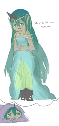 Size: 500x1063 | Tagged: safe, artist:mt, oc, oc only, oc:catrine, changeling, satyr, blanket, clothes, dream, dress, offspring, parent:queen chrysalis, solo