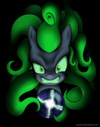 Size: 1024x1293 | Tagged: safe, artist:sycotei-b, mane-iac, earth pony, pony, dark, electro orb, female, grin, looking at you, mare, smiling, solo