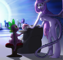 Size: 1200x1157 | Tagged: safe, artist:thatkirinartist, derpibooru exclusive, spike, sweetie belle, oc, oc:seraphi, anthro, dracony, hybrid, anthro oc, female, interspecies offspring, male, offspring, parent:spike, parent:sweetie belle, parents:spikebelle, shipping, spikebelle, straight