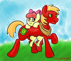 Size: 1398x1200 | Tagged: safe, artist:tittysmuggler, apple bloom, big macintosh, earth pony, pony, brother and sister, cute, female, hanging, male, ponies riding ponies, raised hoof, siblings, smiling, stallion, walking