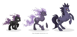 Size: 4312x2091 | Tagged: safe, artist:almairis, ethereal mane, evolution chart, family, female, floating limbs, foal, gastly, gengar, haunter, male, mare, pokémon, ponified, ponymon, simple background, stallion, transparent background, trio