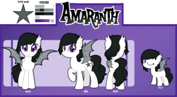 Size: 2565x1407 | Tagged: safe, artist:theodoresfan, oc, oc only, oc:amaranth, bat pony, pony, reference sheet, solo