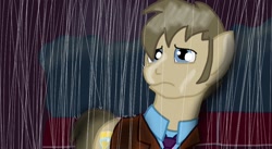 Size: 1024x560 | Tagged: safe, artist:biosonic100, doctor whooves, clothes, doctor who, pouting, rain, shirt, solo, suit, tenth doctor, trenchcoat