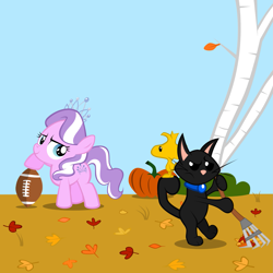 Size: 1635x1635 | Tagged: safe, artist:magerblutooth, diamond tiara, oc, oc:dazzle, cat, american football, autumn, crossover, food, leaves, peanuts, pumpkin, rake, woodstock (peanuts)