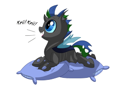 Size: 1980x1440 | Tagged: safe, artist:itstaylor-made, oc, oc only, oc:izzy the changeling, changeling, cute, cute bug noises, cuteling, double colored changeling, open mouth, pillow, prone, simple background, smiling, solo, transparent background