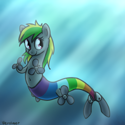 Size: 900x900 | Tagged: safe, artist:versimer, oc, oc only, oc:wheely bopper, merpony, original species, belly button, propeller, smiling, solo, species swap, underwater, wheelpone