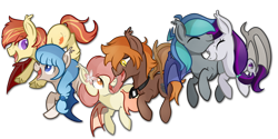 Size: 6000x3000 | Tagged: safe, artist:je-lly, oc, oc only, oc:cloud twist, oc:crisp air, oc:glimmer palette, oc:peach blossom, oc:sweet hum, oc:swift edge, bat pony, pony, absurd resolution, airlette, couple, female, flying, goggles, male, peachtwist, straight, sweetedge