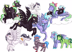 Size: 3399x2467 | Tagged: safe, artist:whitefangkakashi300, cloudchaser, flitter, rumble, thunderlane, oc, oc:bruiser, oc:cloud fire, oc:cloud flower, oc:ivy, oc:racing stripes, oc:sonic boom, oc:star catcher, pegasus, pony, bandflitter, family, female, male, mare, offspring, shipping, stallion, straight, thunderchaser, thunderclap, traditional art