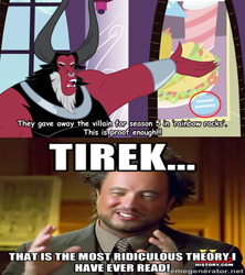 Size: 889x1000 | Tagged: safe, edit, lord tirek, equestria girls, rainbow rocks, twilight's kingdom, actually pretty funny, conspiracy theory, debate, exploitable meme, giorgio a. tsoukalos, is this supposed to be humorous, meme, memegenerator, poster