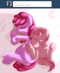 Size: 838x1025 | Tagged: safe, artist:haute-claire, berry punch, berryshine, ruby pinch, ask, ask ruby pinch, bottle, drunk, duo, female, mother and child, mother and daughter, parent and child, sleeping, tumblr