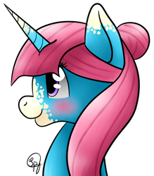 Size: 1024x1171 | Tagged: safe, artist:starshinefox, oc, oc only, oc:strawberry snowflake, pony, unicorn, blushing, bust, contest prize, portrait, solo