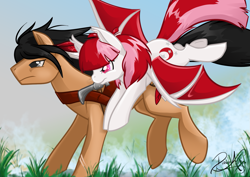 Size: 1403x992 | Tagged: safe, artist:dawnallies, oc, oc only, oc:dream catcher, oc:lunei, bat pony, earth pony, pony