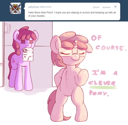 Size: 724x710 | Tagged: safe, artist:haute-claire, berry punch, berryshine, ruby pinch, pony, ask, ask ruby pinch, bipedal, blatant lies, glasses, tumblr