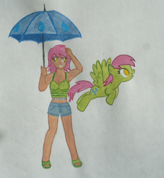 Size: 996x1080 | Tagged: safe, artist:punksweet, tropical storm, human, pony, blind bag pony, clothes, colored sketch, golden eyes, green, humanized, midriff, pink hair, shorts, smiling, solo, tanktop, traditional art, umbrella