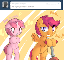 Size: 686x637 | Tagged: safe, artist:haute-claire, ruby pinch, scootaloo, pony, ask, ask ruby pinch, bipedal, scooter, tumblr