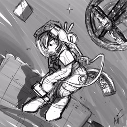Size: 3000x3000 | Tagged: safe, artist:negativefade, big macintosh, earth pony, pony, astronaut, male, monochrome, science fiction, solo, space, space station, spacesuit, stallion