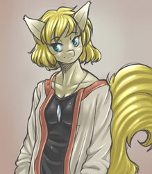 Size: 1400x1600 | Tagged: safe, artist:m@k, oc, oc only, oc:chidey, anthro, earth pony, anthro oc, clothes, ear fluff, female, jewelry, necklace, pixiv, solo