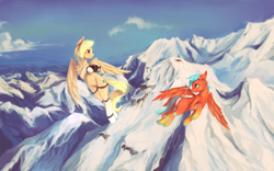 Size: 1600x1000 | Tagged: safe, artist:fruitbloodmilkshake, oc, oc only, pegasus, pony, camera, cloud, duo, female, flying, hoof hold, mare, mountain, scenery, sky, snow, spread wings, vertigo, wings