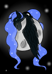 Size: 2480x3508 | Tagged: safe, artist:muserkikki, nightmare moon, moon, prone, sad, solo, tangible heavenly object