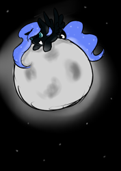 Size: 2480x3508 | Tagged: safe, artist:muserkikki, nightmare moon, :d, chibi, moon, prone, solo, spread wings, tangible heavenly object