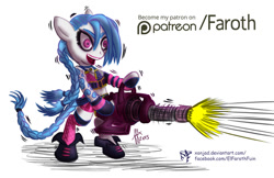 Size: 900x582 | Tagged: safe, artist:faroth, digital art, jinx (league of legends), league of legends, minigun, patreon, ponified