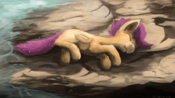 Size: 8000x4500 | Tagged: safe, artist:fuzzyfox11, scootaloo, absurd resolution, alone, eyes closed, fluffy, homeless, on side, orphan, scootalone, sleeping, smiling, snow, snowfall, solo