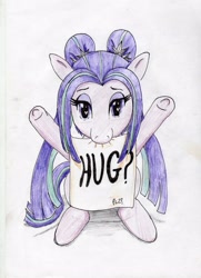 Size: 2508x3461 | Tagged: safe, artist:40kponyguy, derpibooru exclusive, aria blaze, ariabetes, cute, heart eyes, hug, hug request, looking at you, mouth hold, nom, ponified, sign, sitting, smiling, solo, traditional art, underhoof, wingding eyes