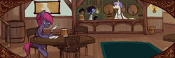 Size: 1500x500 | Tagged: safe, artist:goatsocks, oc, oc only, earth pony, pony, bar, flower, leonine tail, quill, tavern