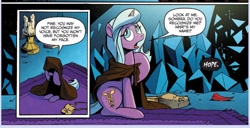 Size: 943x482 | Tagged: safe, artist:andypriceart, idw, radiant hope, pony, unicorn, siege of the crystal empire, spoiler:comic, spoiler:comic34, candle, cloak, clothes, colored horn, comic, curved horn, disembodied horn, female, horn, mare, official comic, offscreen character, poach, sombra's horn, speech bubble