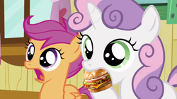 Size: 800x448 | Tagged: safe, artist:sweetieburger, scootaloo, sweetie belle, burger, clubhouse, crusaders clubhouse, ponies eating meat