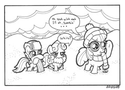 Size: 1382x1000 | Tagged: safe, artist:abronyaccount, apple bloom, scootaloo, sweetie belle, cutie mark crusaders, lineart, monochrome, winter