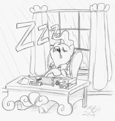 Size: 889x929 | Tagged: safe, artist:abronyaccount, mayor mare, desk, drool, lineart, monochrome, office, sleeping, solo