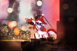 Size: 1280x857 | Tagged: safe, artist:crutonart, oc, oc only, oc:cruton, oc:tea time, bridge, city, cyberpunk, looking at you