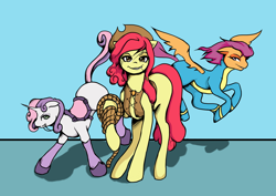 Size: 2480x1754 | Tagged: safe, apple bloom, scootaloo, sweetie belle, adult, alternate hairstyle, cutie mark crusaders, hat, saddle, wonderbolts uniform