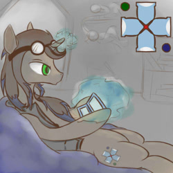 Size: 500x500 | Tagged: safe, artist:mabu, doctor whooves, ask, askgamingwhooves, beanbag chair, bio, doctor who, game, gamer, goggles, nintendo, reference sheet, tumblr, video game