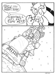 Size: 759x1000 | Tagged: safe, artist:abronyaccount, discord, screwball, draconequus, robot, comic, lineart, mega maid, monochrome, mouth hold, parody, spaceballs the tag, vacuum cleaner