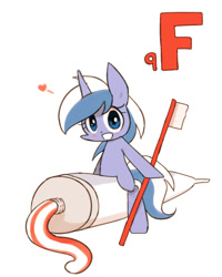 Size: 800x1000 | Tagged: safe, artist:joycall6, part of a set, minuette, series:joycall6's periodic table, blushing, chemistry, chibi, cute, fluorine, heart, minubetes, periodic table, riding, solo, toothbrush, toothpaste