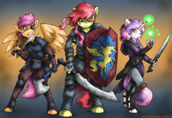 Size: 1800x1237 | Tagged: safe, artist:kaemantis, apple bloom, scootaloo, sweetie belle, anthro, unguligrade anthro, fanfic:equestria liberation front, armor, axe, badass, clothes, cutie mark crusaders, dagger, eyepatch, fanfic, fanfic art, looking at you, magic, open mouth, shield, sword, trio