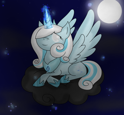 Size: 3704x3424 | Tagged: safe, artist:miiv12, oc, oc only, oc:snowdrop, alicorn, pony, alicornified, cloud, magic, moon, older, princess snowdrop, race swap, snow, snowflake