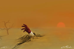 Size: 900x600 | Tagged: safe, artist:1deathpony1, lord tirek, hand, signature, solo, sunset, tree, wasteland