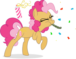 Size: 954x745 | Tagged: safe, artist:ashidaii, artist:poikahorse, oc, oc only, oc:silly string, earth pony, pony, female, mare, offspring, parent:cheese sandwich, parent:pinkie pie, parents:cheesepie, party horn, simple background, solo, transparent background