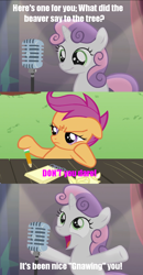 Size: 532x1024 | Tagged: safe, scootaloo, sweetie belle, bloom and gloom, bad sweetie belle joke, bonzi buddy, image macro, meme, vinesauce