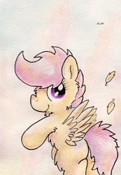 Size: 731x1059 | Tagged: safe, artist:slightlyshade, scootaloo, pegasus, pony, feather, solo, traditional art