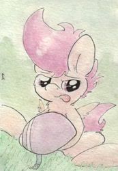 Size: 679x980 | Tagged: safe, artist:slightlyshade, scootaloo, helmet, solo, tongue out, traditional art