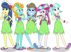 Size: 2206x1598 | Tagged: safe, artist:punzil504, beauty brass, blossomforth, coco pommel, fiddlesticks, lightning dust, equestria girls, apple family member, clothes, equestria girls-ified, feet, grass skirt, hawaiian flower in hair, hula, hulabrass, huladust, hulaforth, hulapommel, hulasticks, recolor, sandals, simple background, skirt, transparent background, vector